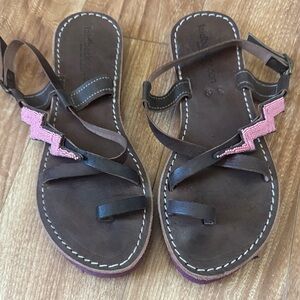 Saltwater Inspired Brown Leather Sandals with Pink Beaded Accent